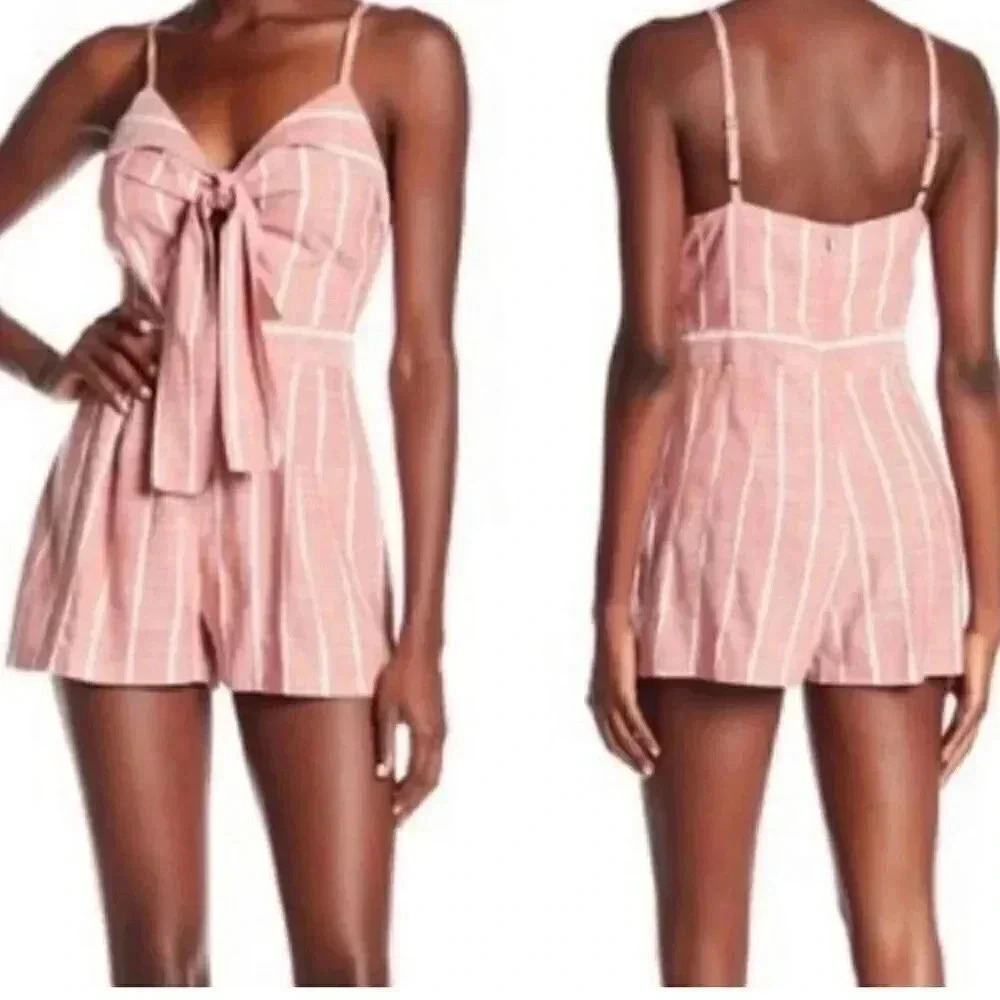 Ten Sixty Sherman Size Large Striped Linen Cut Out Romper Casual Brunch Party